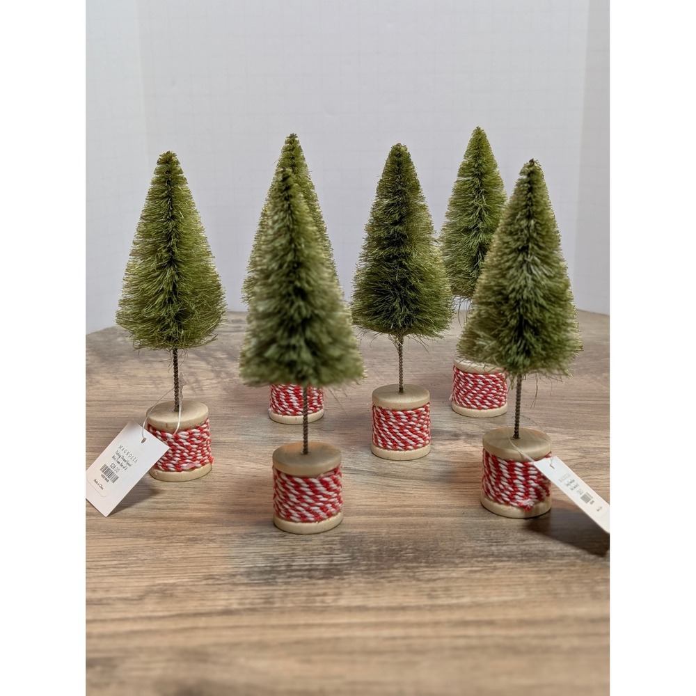 Magnolia Ticking Thread Spool Mini Trees Set of 6 Red White Green Bottle Brush